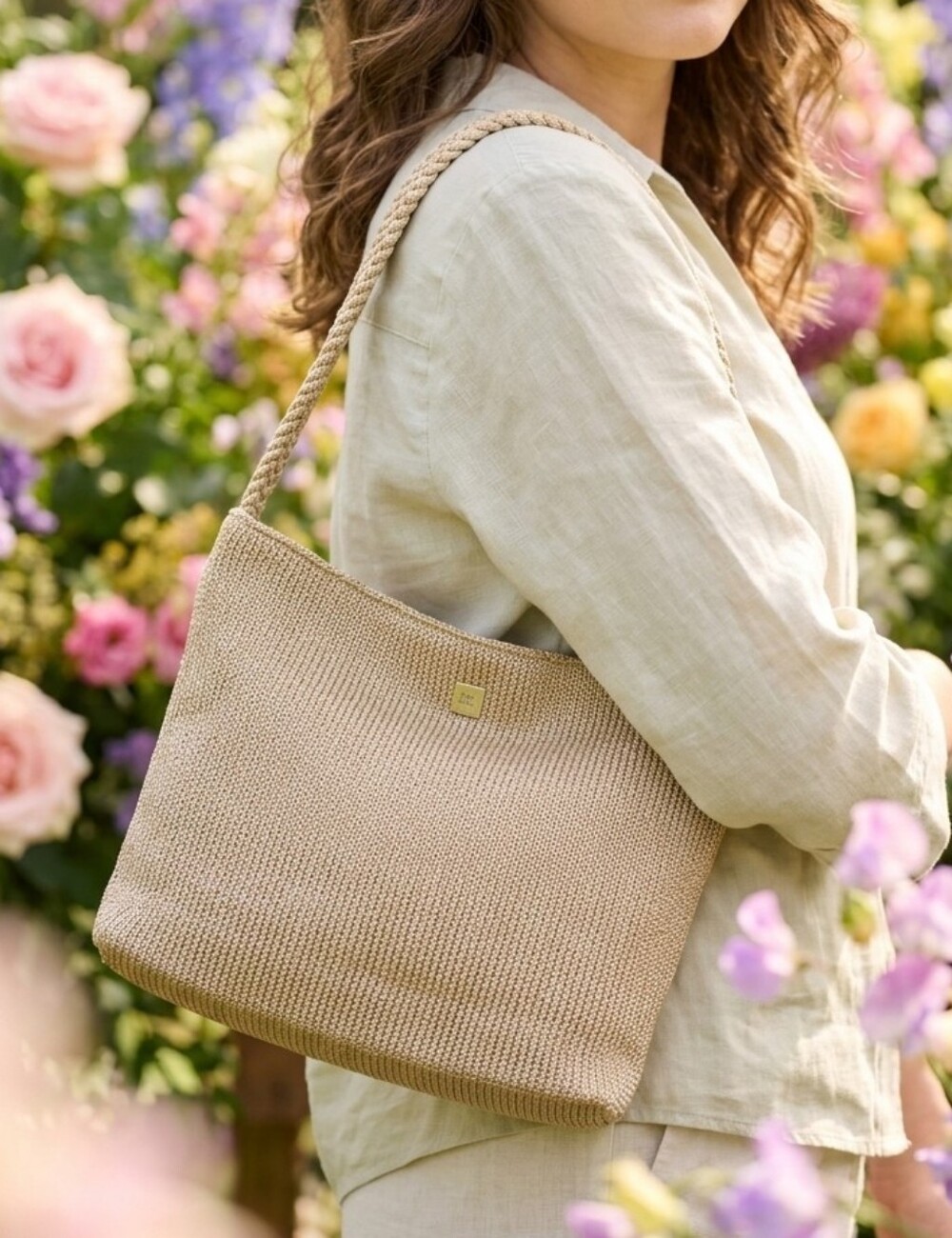 LINA Woven Shoulder Bag in Beige